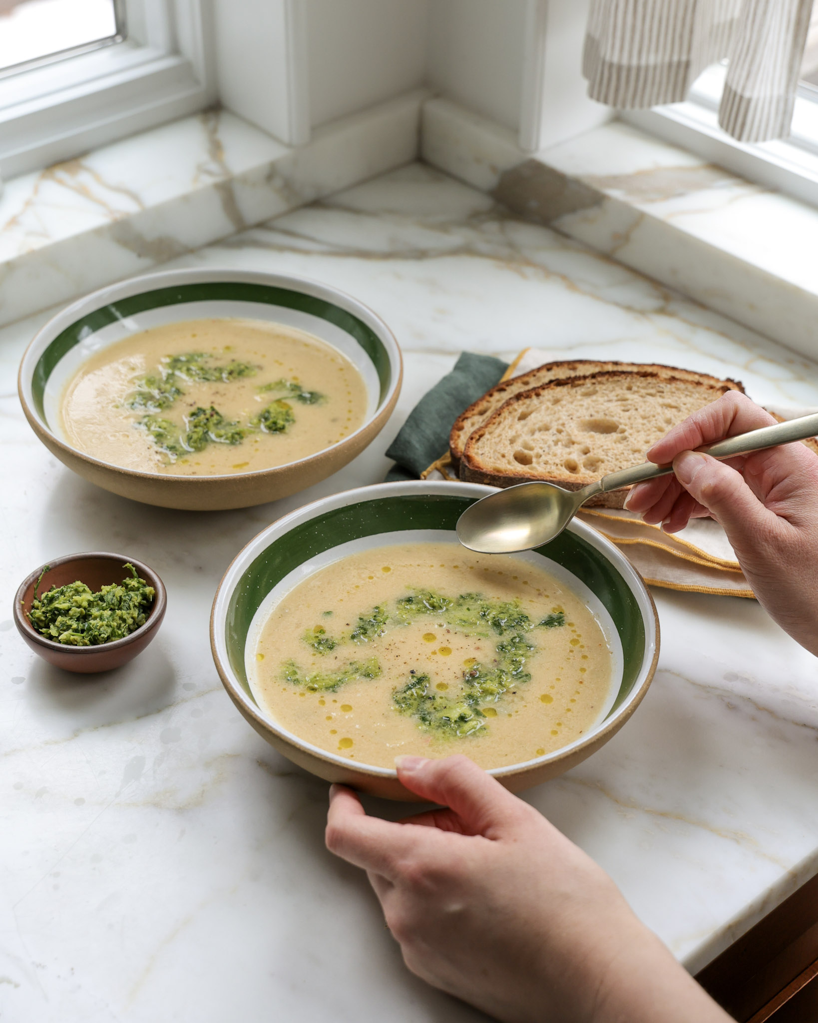 Cauliflower Soup with Green Olive Salsa Verde