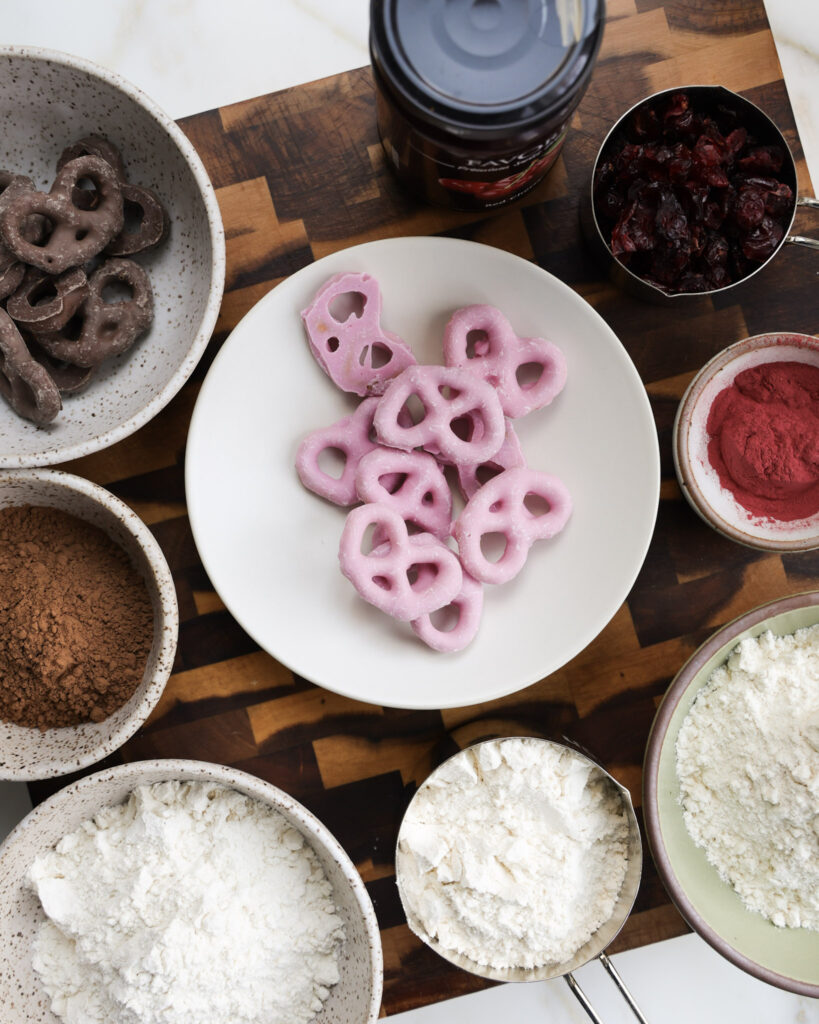 Ingredients for cherry chocolate pretzel cookies