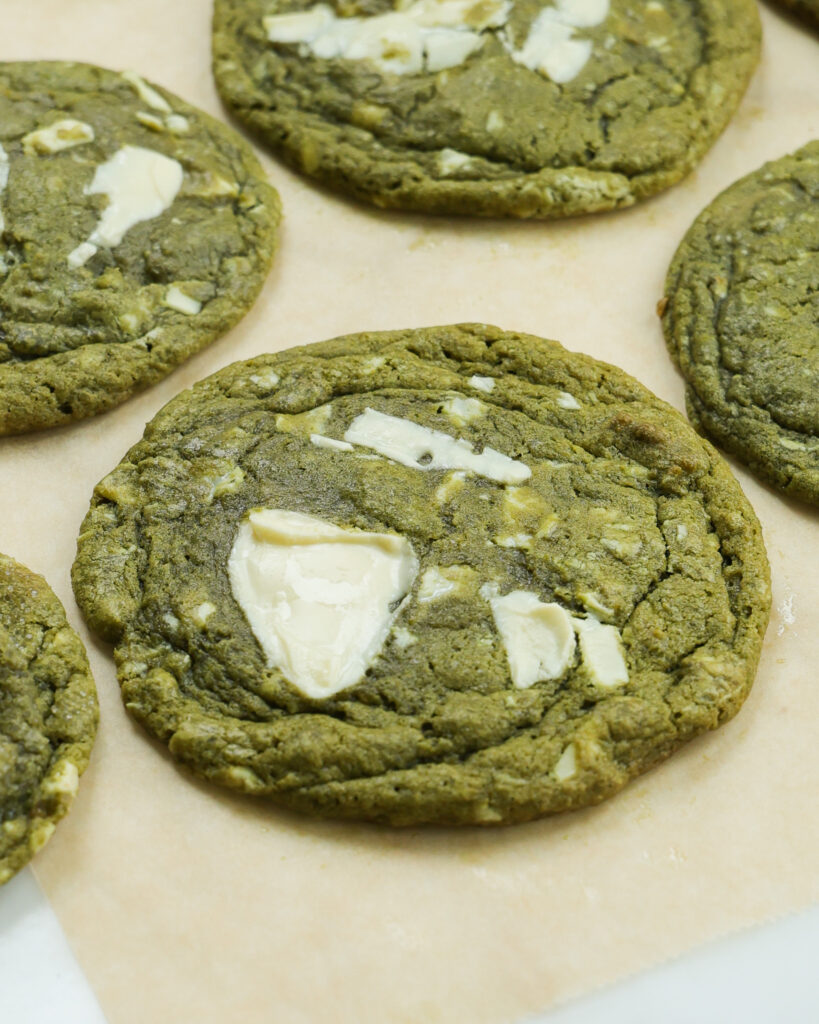 a beautiful shot of a matcha cookie from the side