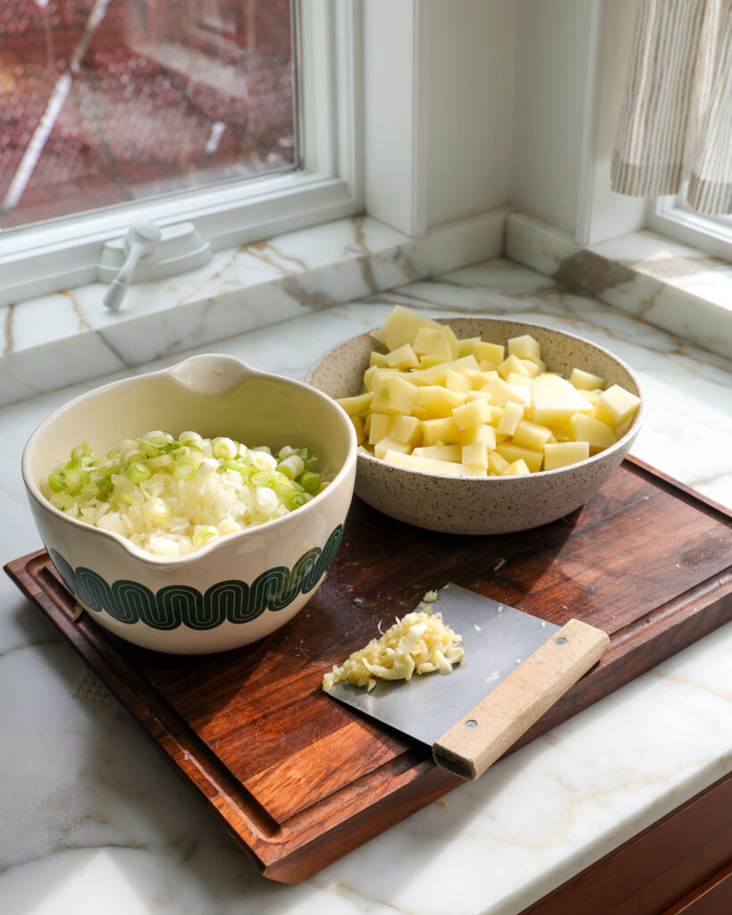 Ingredients to make creamy salt and vinegar potato chip soup. 