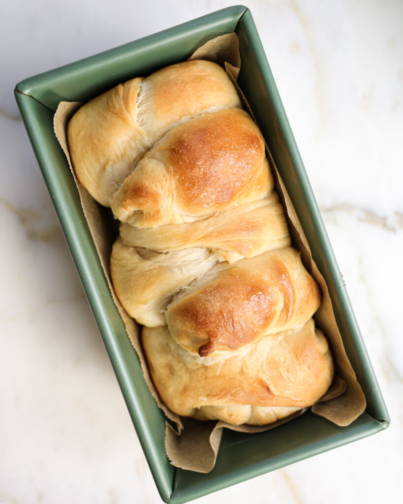 baked vegan brioche loaf.