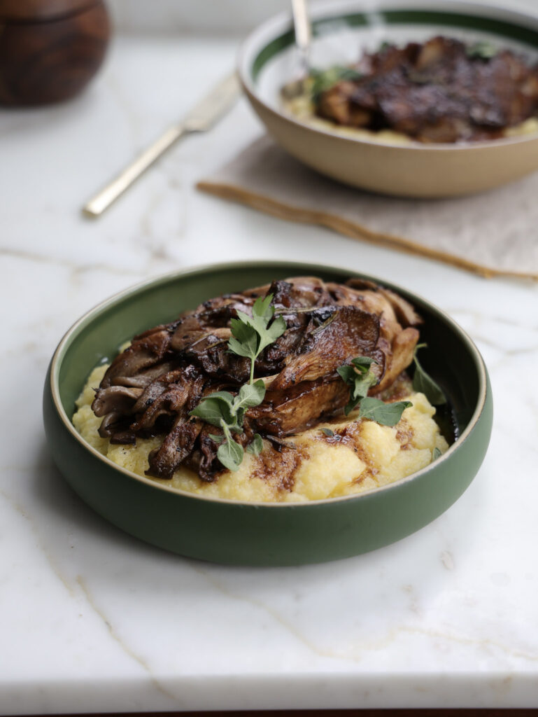 lions mane mushroom steaks over polenta