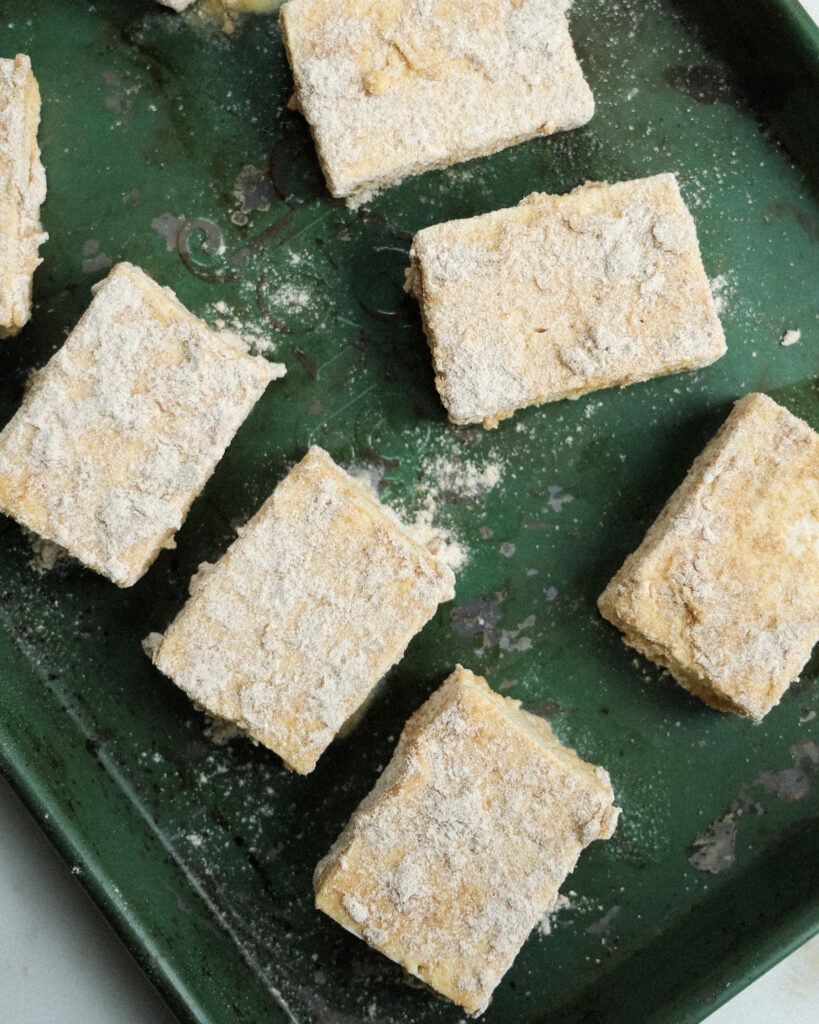 tofu slices coated in peanut ginger dressing and flour.