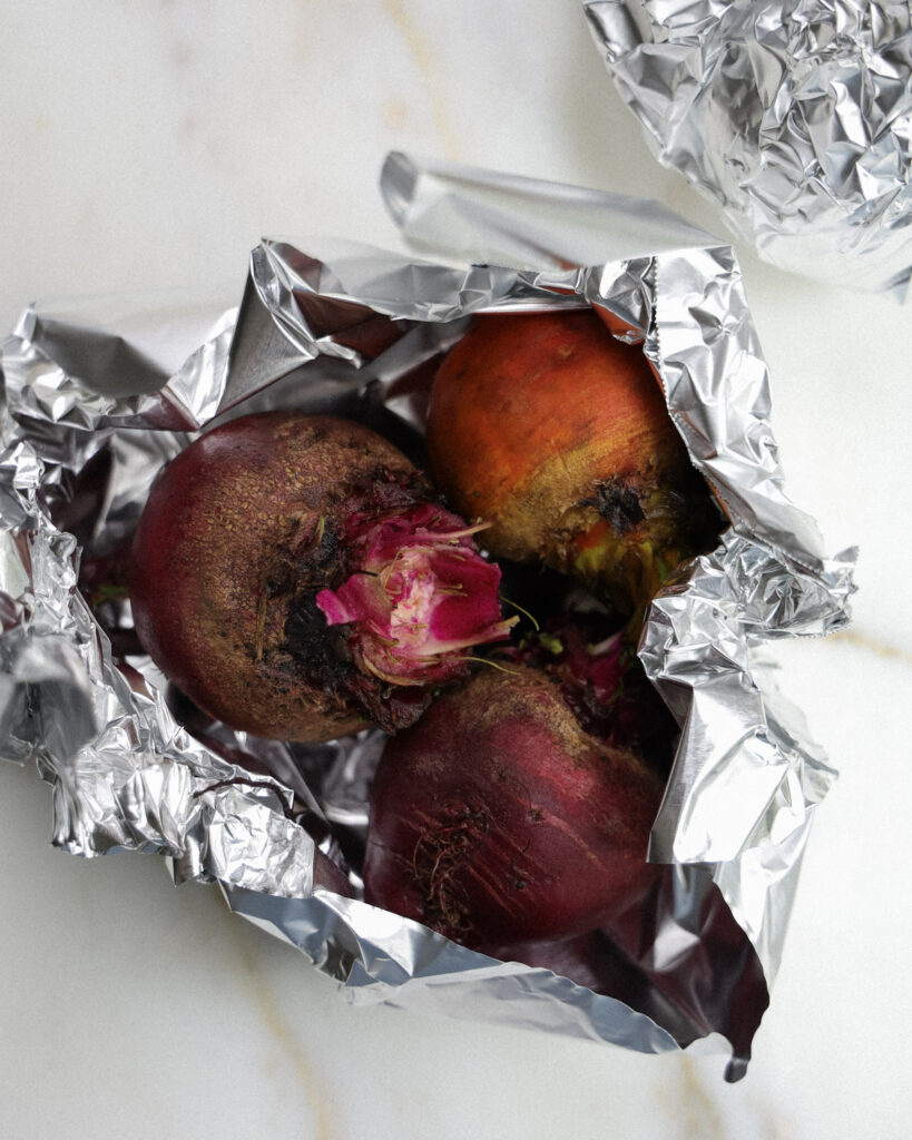 beets in tin foil for roasting.