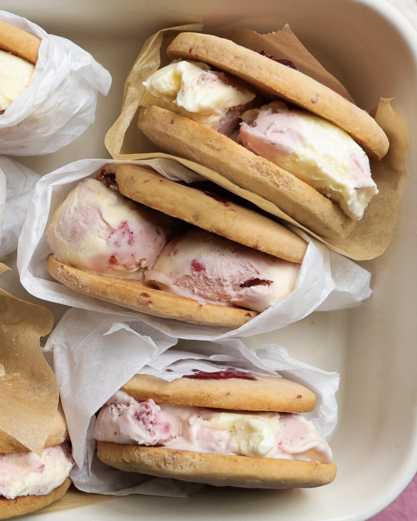 Strawberry ice cream sandwiches.