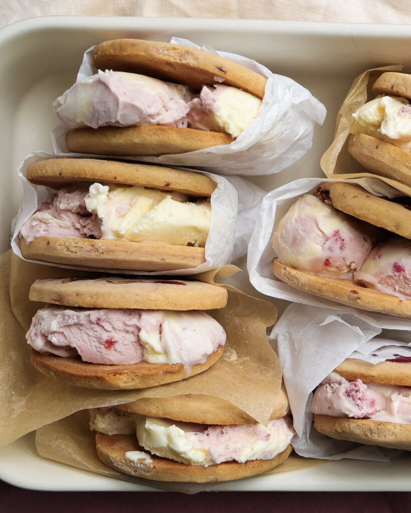 Strawberry ice cream sandwiches.