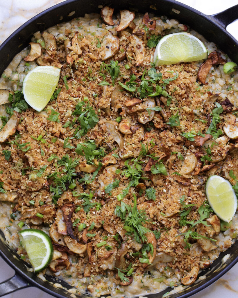 Sunchokes and coconut lime rice in a skillet.