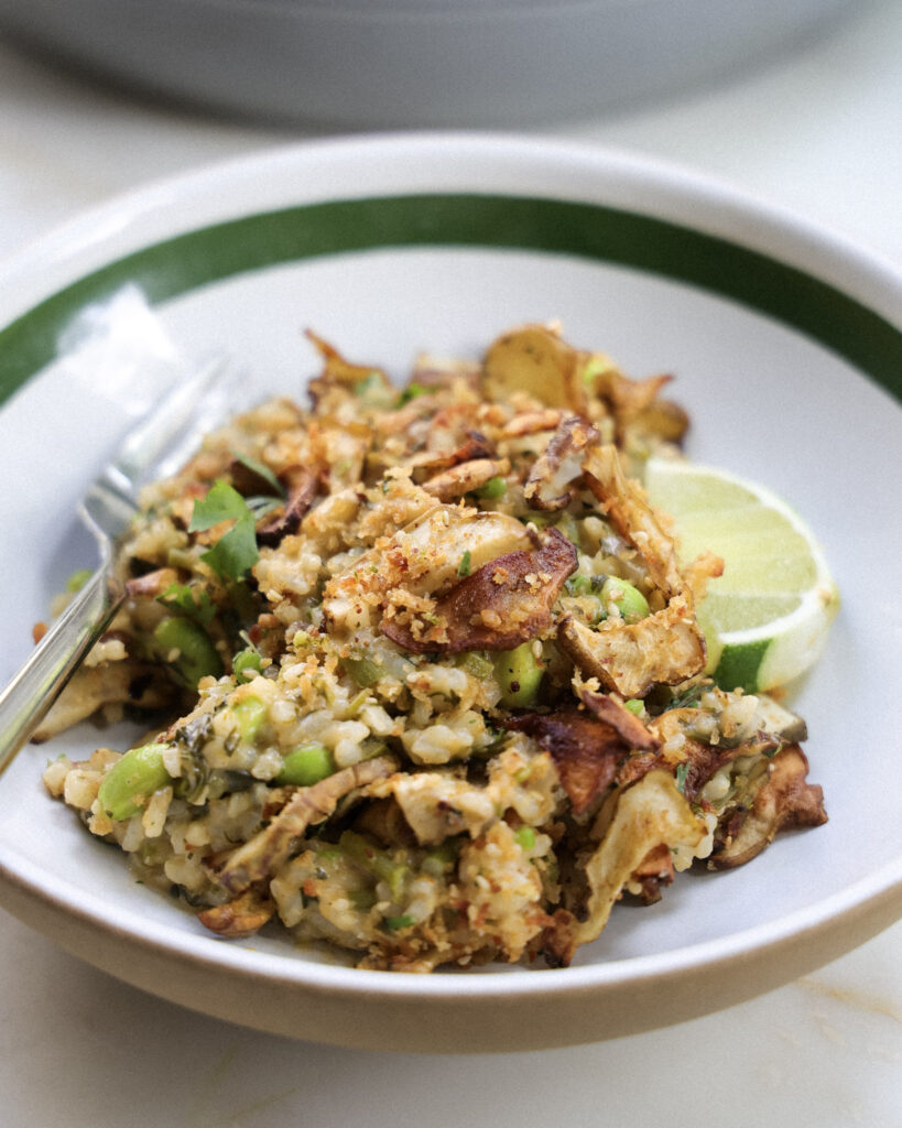 Sunchokes and coconut lime rice in a bowl.