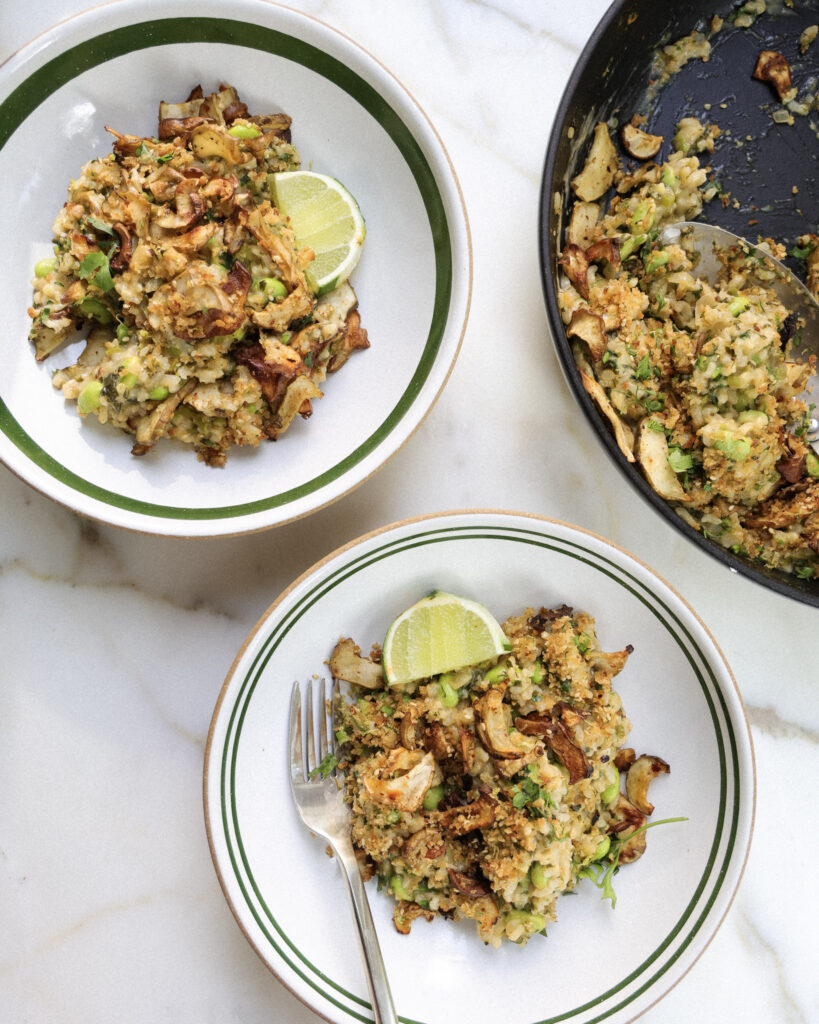 Sunchokes and coconut lime rice in a bowl.