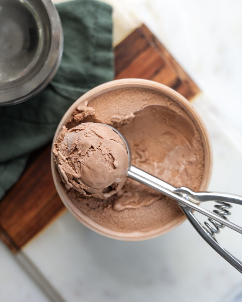 Chocolate ice cream being scooped