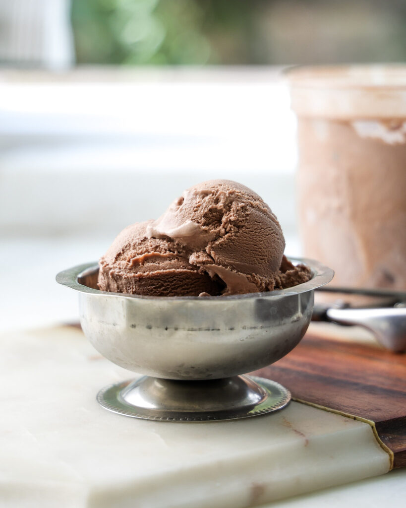 Scoops of homemade chocolate ice cream in a bowl