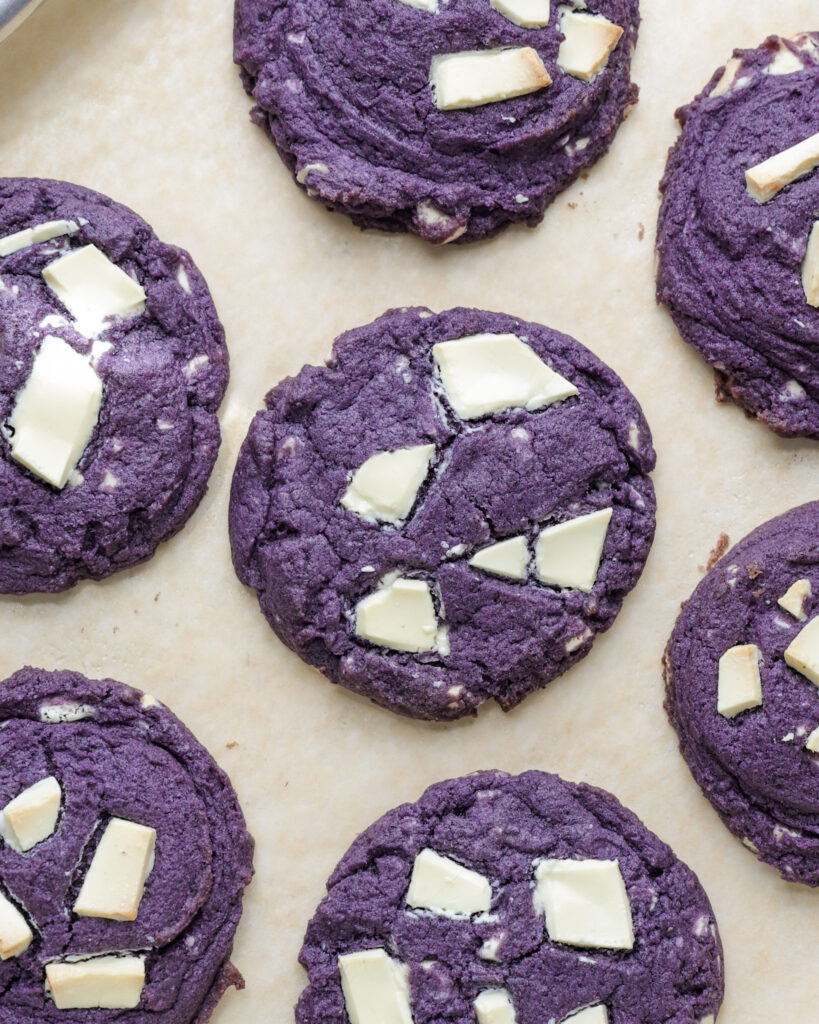 baked bueberry cookies with white chocolate on top.
