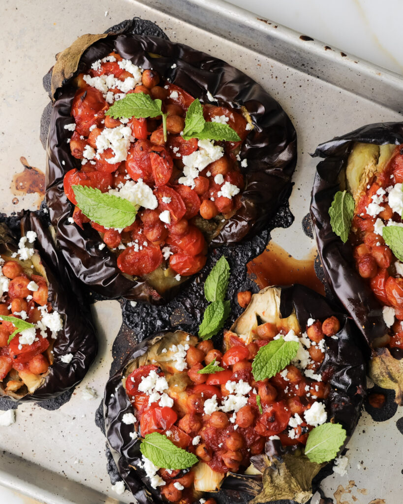 Sizzling Harissa Eggplant with Chickpeas