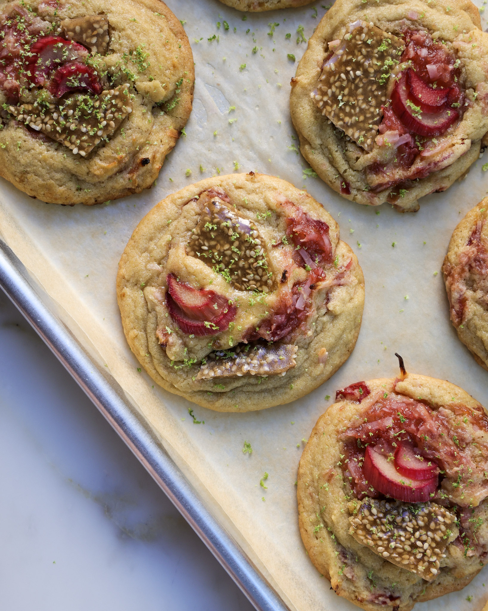 Rhubarb cookies with lime zest on top.