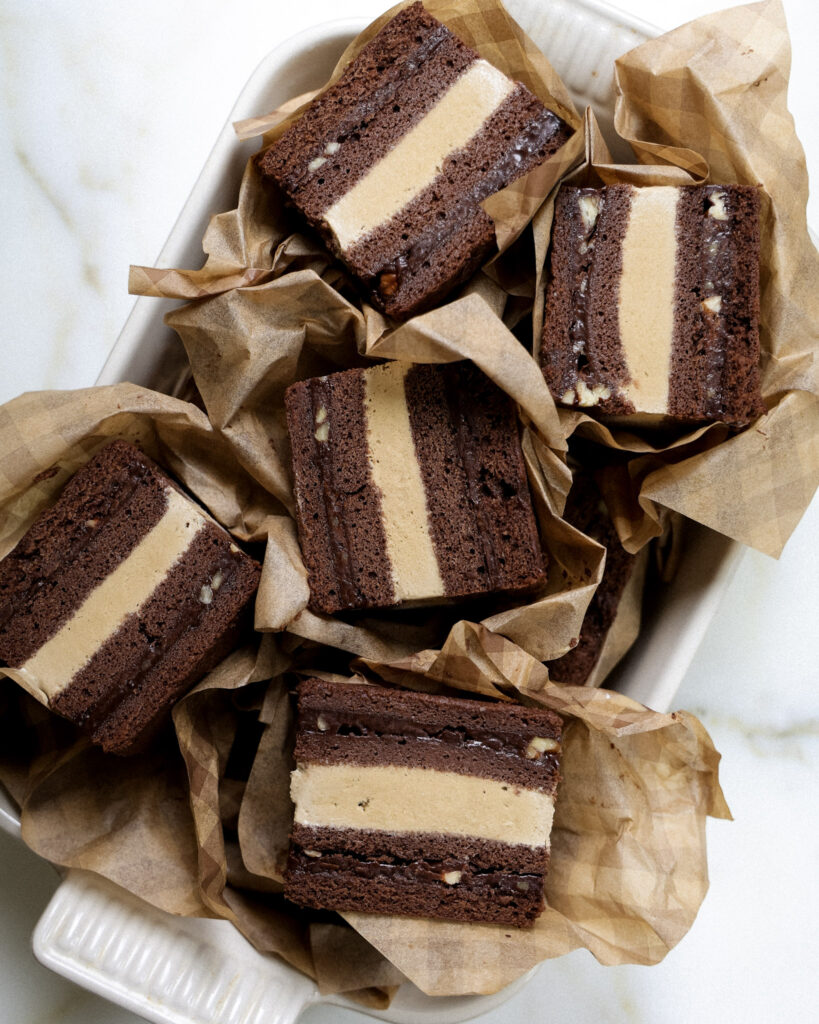 texas sheet cake ice cream sandwiches wrapped in parchment.