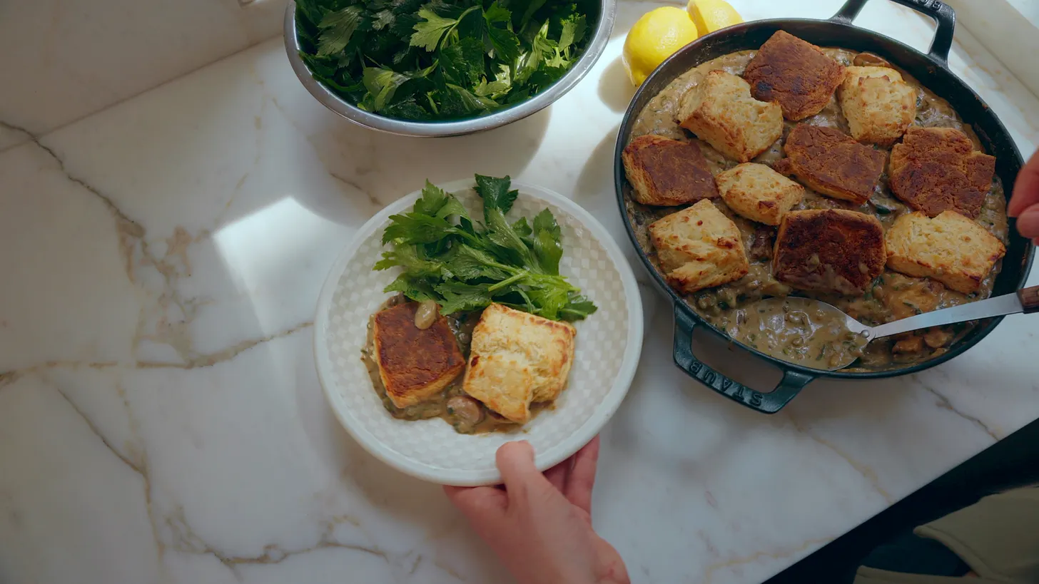 Pecorino Biscuits with Celery “Sausage” Gravy