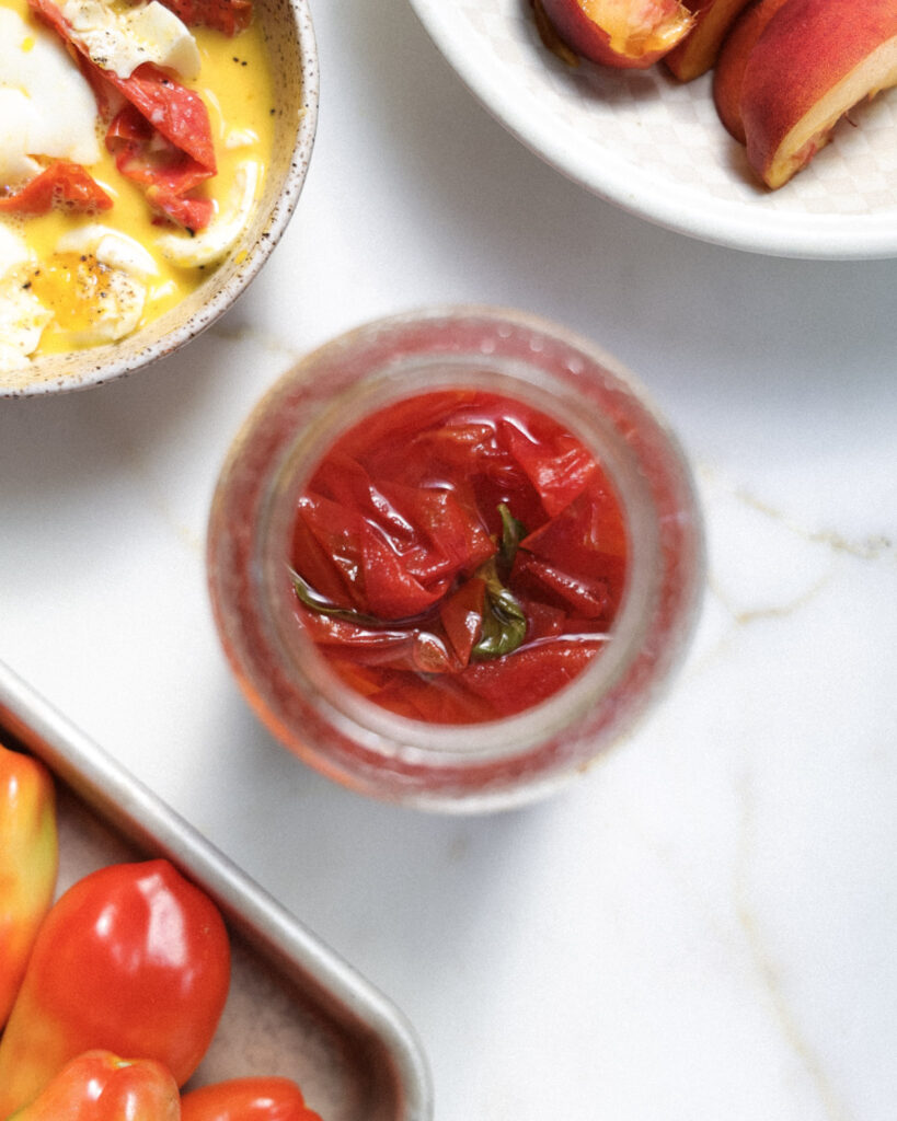 Pickled tomato skins in a jar.