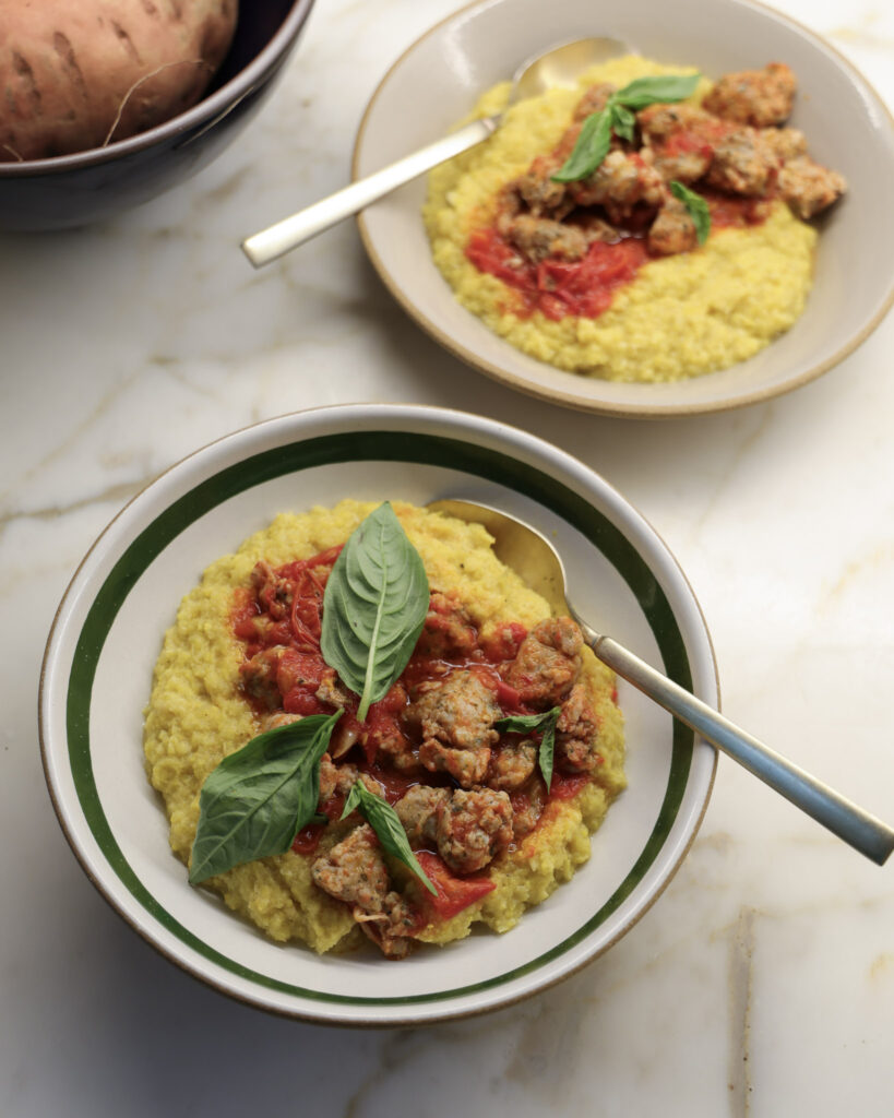 Fresh polenta & tomato sausage in a bowls.