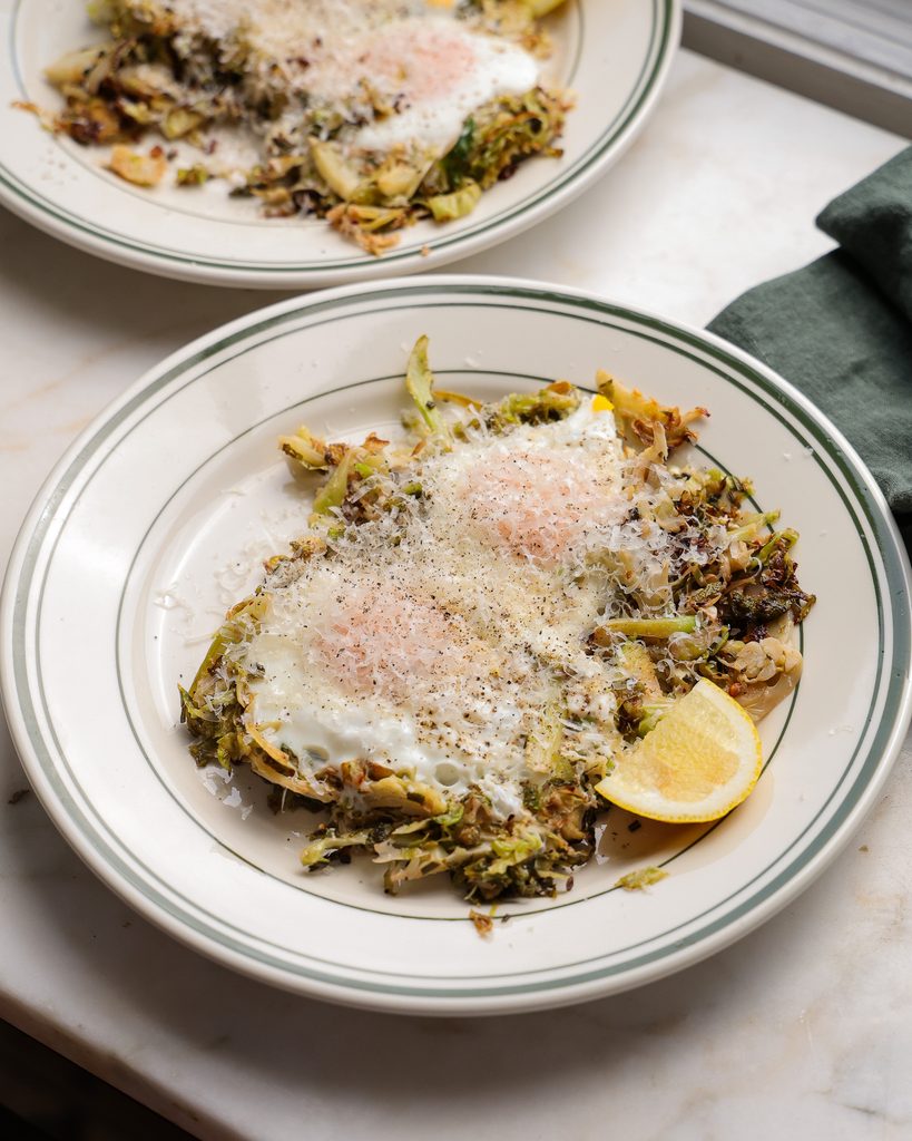 Brussels Sprout Fried Eggs with Lemon and Parmesan