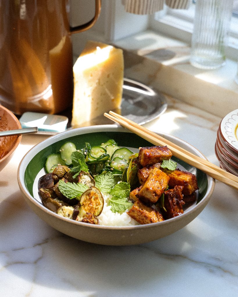Glazed Tofu Rice Bowl with Sesame Cucumbers